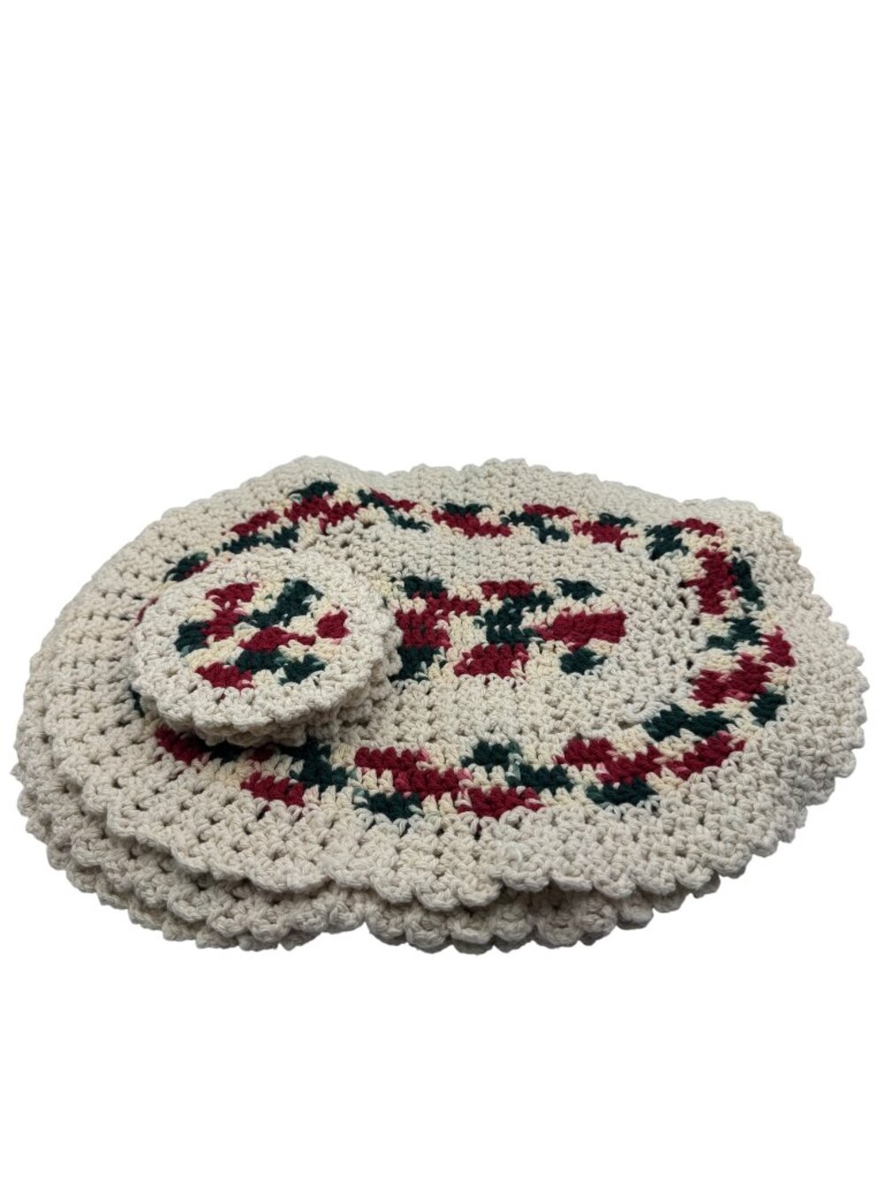 Handmade Crochet  Placemat Set With Coasters Set of 4 each Red Green Cream